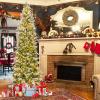 imageGoplus 9 FT PreLit Pencil Christmas Tree Artificial Snow Flocked Hinged Fake Slim Xmas Tree with 470 WarmWhite LED Lights 1310 Branch Tips 98 Pine Cones for Office Home DecorationGreenpencil Tree