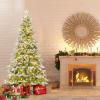 imageGoplus 9 FT PreLit Pencil Christmas Tree Artificial Snow Flocked Hinged Fake Slim Xmas Tree with 470 WarmWhite LED Lights 1310 Branch Tips 98 Pine Cones for Office Home DecorationGreenfull Tree