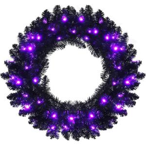 imageGoplus 24 Black Christmas Wreath Prelit Artificial Halloween Wreath w 35 Purple LED Lights Builtin Waterproof Timer Front Door Wreath for Indoor Outdoor Home Party Decoration