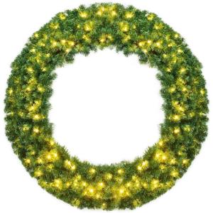 imageGoplus 48quot Prelit Cordless Artificial Christmas Wreath with 200 LED Lights and Timer Hanging Xmas Decoration for Front Door Wall Home