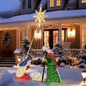 imageGoplus 5 FT Christmas Nativity Set PreLit Nativity Scene w 140 Warm White LED Lights Weatherproof Holy Family Holiday Decoration wZip Ties ampamp Stakes for Indoor Outdoor6 FT x 36 FT