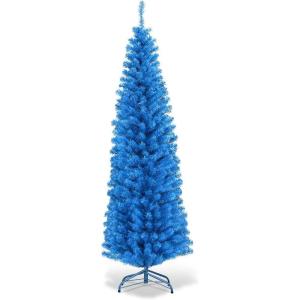 imageGoplus 6ft Black Pencil Christmas Tree Artificial Slim Halloween Tree w 520 Branch Tips ampamp Metal Stand Xmas Tree for Indoor Holiday DecorationsBlue