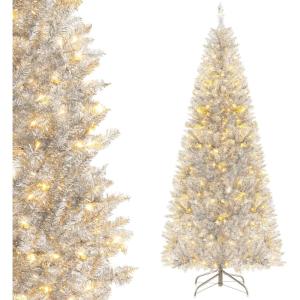 imageGoplus 6ft Black Pencil Christmas Tree Artificial Slim Halloween Tree w 520 Branch Tips ampamp Metal Stand Xmas Tree for Indoor Holiday DecorationsSilverprelit