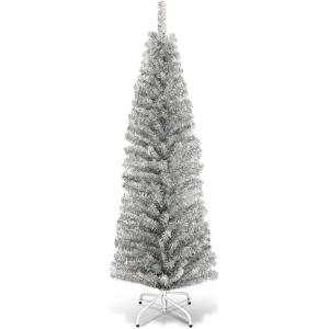imageGoplus 6ft Black Pencil Christmas Tree Artificial Slim Halloween Tree w 520 Branch Tips ampamp Metal Stand Xmas Tree for Indoor Holiday DecorationsSilver