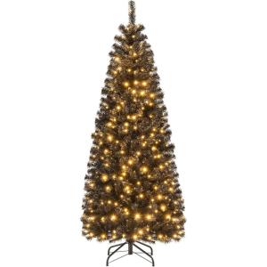 imageGoplus 6ft Black Pencil Christmas Tree Prelit Artificial Halloween Tree w 280 Warm White Lights 618 PVC Branch Tips and Metal Base Hinged Slim Xmas Pine Tree for Holiday Carnival Party Decoration6 FT