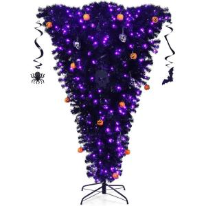 imageGoplus 6ft Prelit Upside Down Christmas Tree Artificial Black Halloween Tree w 270 Purple LED Lights ampamp Decorations Hinged Inverted Xmas Pine Tree for Holiday Carnival Party DecorationsBlack