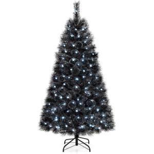 imageGoplus 7ft Prelit Black Christmas Tree Hinged Artificial Halloween Tree w 500 Purple LED Lights ampamp Metal Stand Perfect Xmas Tree for Holiday Festival PartiesCool White
