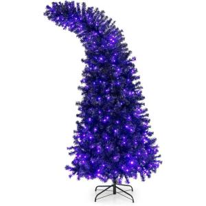 imageGoplus 7ft Prelit Black Christmas Tree Hinged Artificial Halloween Tree with 1050 Tips 400 Purple ampamp Orange Lights 8 Lighting Modes Metal Stand Xmas Decoration for Holiday Festival Parties