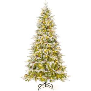 imageGoplus 9 FT PreLit Pencil Christmas Tree Artificial Snow Flocked Hinged Fake Slim Xmas Tree with 470 WarmWhite LED Lights 1310 Branch Tips 98 Pine Cones for Office Home DecorationGreenfull Tree