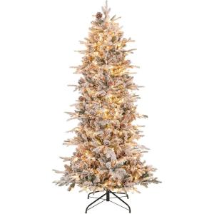 imageGoplus 9 FT PreLit Pencil Christmas Tree Artificial Snow Flocked Hinged Fake Slim Xmas Tree with 470 WarmWhite LED Lights 1310 Branch Tips 98 Pine Cones for Office Home DecorationSnowy