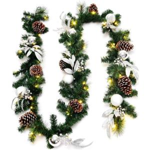 imageGoplus 9ft Snow Flocked Christmas Garland with 50 LED Lights PreLit Battery Operated Artificial Garland with White Berries ampamp Poinsettias Flowers Timer Snowy Holiday Decoration for Mantel IndoorSilver Leaf