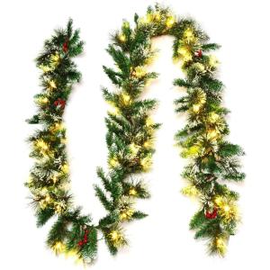 imageGoplus 9ft Snow Flocked Christmas Garland with 50 LED Lights PreLit Battery Operated Artificial Garland with White Berries ampamp Poinsettias Flowers Timer Snowy Holiday Decoration for Mantel IndoorSnow Flocked