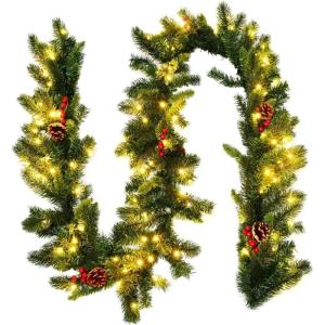 imageGoplus 9ft Snow Flocked Christmas Garland with 50 LED Lights PreLit Battery Operated Artificial Garland with White Berries ampamp Poinsettias Flowers Timer Snowy Holiday Decoration for Mantel IndoorGreen