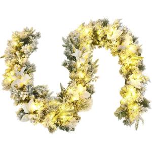 imageGoplus 9ft Snow Flocked Christmas Garland with 50 LED Lights PreLit Battery Operated Artificial Garland with White Berries ampamp Poinsettias Flowers Timer Snowy Holiday Decoration for Mantel IndoorSnow Flocked Prelit