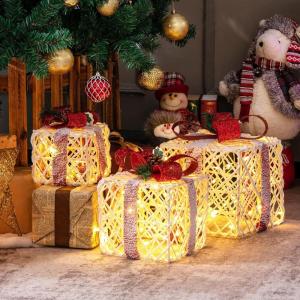 imageGoplus Set of 3 Christmas Lighted Gift Boxes Decorations 60 LED Warm White Light Up Boxes with Red Bowknots Lighted Xmas Boxes for Christmas Tree Holiday Indoor Outdoor DecorsSnowy
