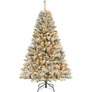 imageGoplus 3MinuteSetup PreLit Snow Flocked Christmas Tree 6ft Artificial Hinged Xmas Tree with 300 WarmWhite LED Lights 644 Branch Tips Upgraded Metal Stand for Office Home Holiday DecorSnowyupgraded