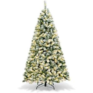 imageGoplus 3MinuteSetup PreLit Snow Flocked Christmas Tree 6ft Artificial Hinged Xmas Tree with 300 WarmWhite LED Lights 644 Branch Tips Upgraded Metal Stand for Office Home Holiday DecorSnowy