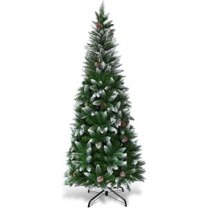 imageGoplus 6ft PreLit Pencil Christmas Tree Artificial Hinged Xmas Tree with 580 Flocked Frosted Tips 280 WarmWhite LED Lights Metal Stand Fake Slim Christmas Trees for Office Home Decoration5ft  Unlit