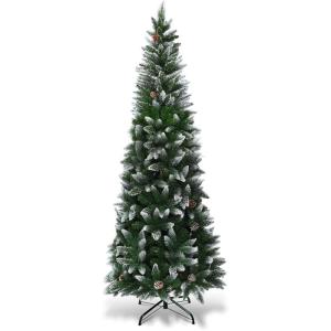 imageGoplus 6ft PreLit Pencil Christmas Tree Artificial Hinged Xmas Tree with 580 Flocked Frosted Tips 280 WarmWhite LED Lights Metal Stand Fake Slim Christmas Trees for Office Home Decoration75ft  Unlit