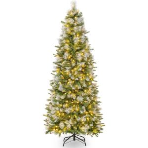imageGoplus 6ft PreLit Pencil Christmas Tree Artificial Hinged Xmas Tree with 580 Flocked Frosted Tips 280 WarmWhite LED Lights Metal Stand Fake Slim Christmas Trees for Office Home Decoration6ft  Prelit