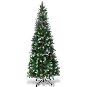 imageGoplus 6ft PreLit Pencil Christmas Tree Artificial Hinged Xmas Tree with 580 Flocked Frosted Tips 280 WarmWhite LED Lights Metal Stand Fake Slim Christmas Trees for Office Home Decoration6ft  Unlit