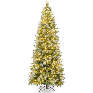 imageGoplus 6ft PreLit Pencil Christmas Tree Artificial Hinged Xmas Tree with 580 Flocked Frosted Tips 280 WarmWhite LED Lights Metal Stand Fake Slim Christmas Trees for Office Home Decoration75ft  Prelit