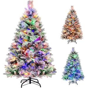 imageGoplus 6ft PreLit Snow Flocked Christmas Tree Artificial Hinged Xmas Tree with 240 MultiColor LED Lights 8 Lighting Modes 850 Branch Tips Pine Needles Pine Cones Holiday Office Home Dcor45 FT