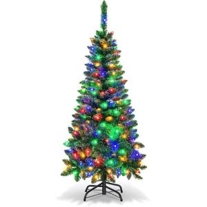 imageGoplus 75ft PreLit Blue Slim Pencil Christmas Tree Artificial Hinged Skinny Xmas Tree with 250 Warm White ampamp Multicolored LED Lights 9 Modes 724 Branch Tips Metal Stand Home Office DecorationGreen