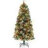 imageGoplus 5ft PreLit Artificial Christmas Tree Hinged Xmas Tree with 453 PVC ampamp Pine Needles 230 Warm White LED Lights 8 Modes Red Berries Pine Cones Metal Stand Office Home Decoration