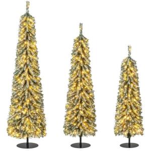 imageGoplus 4 5 6 PreLit Artificial Christmas Tree Set of 3 Slim Pencil Xmas Trees with Drooping Branches Warm White LED Lights Metal Base Cotton Core for Holiday Party Seasonal Office Home DecorStyleG