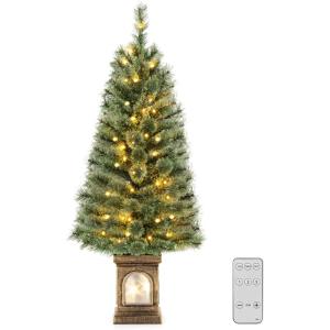 imageGoplus 4ft PreLit Christmas Tree for Entrances Artificial Potted Xmas Tree with 100 LED Lights Timer 3 Lighting Modes 116 Branch Tips Pine Needles Antique Urn Base Porch Indoor Holiday DecorPine Needle Tree