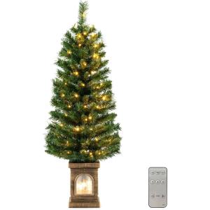 imageGoplus 4ft PreLit Christmas Tree for Entrances Artificial Potted Xmas Tree with 100 LED Lights Timer 3 Lighting Modes 116 Branch Tips Pine Needles Antique Urn Base Porch Indoor Holiday DecorPvc Tree