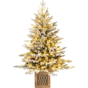 imageGoplus 4ft PreLit Christmas Tree for Entrances Artificial Potted Xmas Tree with 100 LED Lights Timer 3 Lighting Modes 116 Branch Tips Pine Needles Antique Urn Base Porch Indoor Holiday DecorSnowy Prelit
