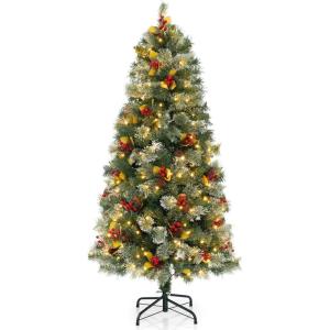 imageGoplus 5ft PreLit Artificial Christmas Tree Hinged Xmas Tree with 453 PVC ampamp Pine Needles 230 Warm White LED Lights 8 Modes Red Berries Pine Cones Metal Stand Office Home Decoration