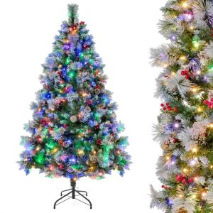imageGoplus 6ft PreLit Artificial Christmas Tree Hinged Xmas Tree with 11 Lighting Modes 350 LED Lights 747 Branch Tips Pine Needles 55 Pine Cones ampamp 55 Red Berries for Office Home Decor6ft