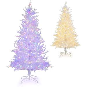 imageGoplus 6ft PreLit Artificial Christmas Tree White Hinged Xmas Tree with 383 Snow Flocked PE Tips 300 MultiColor ampamp WarmWhite Fairy LED Lights 11 Lighting Modes Home Office Party Holiday Decor