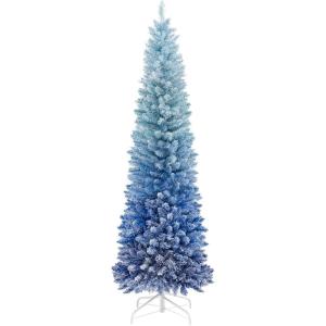 imageGoplus 7 FT Blue Gradient Snow Flocked Christmas Tree Artificial Unlit Hinged Xmas Full Tree with 725 Lush Branch Tips Foldable Metal Stand for Seasonal Home Office Party DecorationGradient Blue