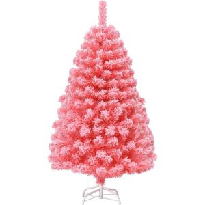 imageGoplus 7 FT Blue Gradient Snow Flocked Christmas Tree Artificial Unlit Hinged Xmas Full Tree with 725 Lush Branch Tips Foldable Metal Stand for Seasonal Home Office Party DecorationPink