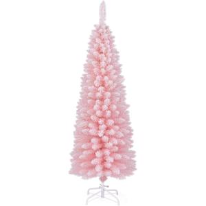 imageGoplus 7 FT Blue Gradient Snow Flocked Christmas Tree Artificial Unlit Hinged Xmas Full Tree with 725 Lush Branch Tips Foldable Metal Stand for Seasonal Home Office Party DecorationPinkpencil Tree