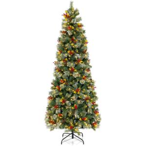 imageGoplus 75ft PreLit Artificial Christmas Tree Hinged Xmas Tree with 1096 PVC ampamp Pine Needles 460 Warm White LED Lights 8 Modes Red Berries Pine Cones Metal Stand Office Home Decoration