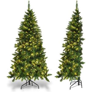 imageGoplus 7ft Prelit HalfShape Christmas Tree SpaceSaving Slender Artificial Xmas Tree with 150 Lights 450 Branch Tips Foldable Metal Stand for Indoor Office Home Party Holiday Decor6ft