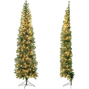 imageGoplus 7ft Prelit HalfShape Christmas Tree SpaceSaving Slender Artificial Xmas Tree with 150 Lights 450 Branch Tips Foldable Metal Stand for Indoor Office Home Party Holiday Decor7ft