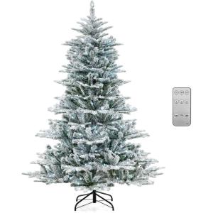 imageGoplus 8ft PreLit Snow Flocked Christmas Tree Artificial Hinged Xmas Tree with 1447 PVC ampamp PE Tips 800 Cool White LED Lights 3 Modes 2 Brightness Timer Remote Control Home Office DecorationCool White