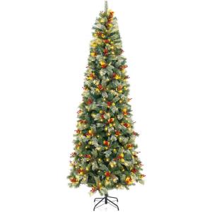 imageGoplus 9ft PreLit Artificial Christmas Tree Hinged Xmas Tree with 1416 PVC ampamp Pine Needles 560 Warm White LED Lights 8 Modes Red Berries Pine Cones Metal Stand Office Home Decoration