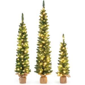 imageGoplus 3 4 5 PreLit Artificial Christmas Tree Set of 3 Slim Pencil Xmas Trees with 415 Green Branch Tips 230 Warm White LED Lights Burlap Base for Holiday Party Seasonal Office Home Decor