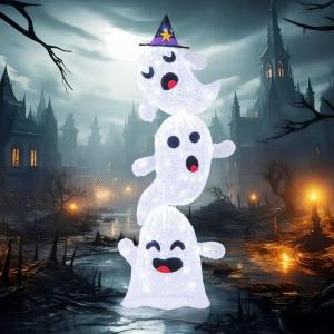 imageGoplus 4 Ft Halloween Decorations Outdoor Stacked Ghosts FreeStanding Cute Yard Decorations with 120 Builtin LED Lights Halloween Light up Spooky Ghosts for Lawn Garden Front Porch Party