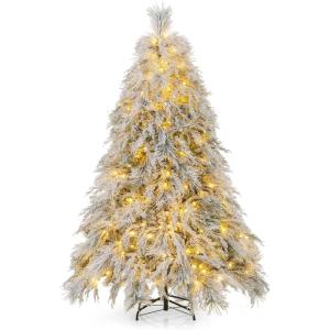 imageGoplus 45ft PreLit Snow Flocked Christmas Tree Artificial Hinged Full Xmas Tree with 279 PVC ampamp Pine Needles ampamp WillowLike PE Tips 150 Warm White LED Lights for Office Home Decoration6FT