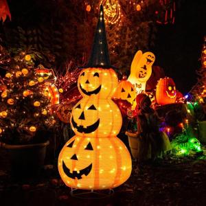 imageGoplus 5 FT Halloween Light Up Pumpkin Decoration Stacked Pumpkins with Witch Hat Buildin LED Lights Pop Up JackoLantern with Metal Stand for Indoor Outdoor Yard Holiday Decoration