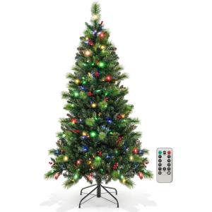 imageGoplus 6ft Artificial PreLit Christmas Tree 3MinuteSetup Hinged Full Xmas Tree with 260 MultiColor LED Lights 666 Branch Tips Foldable Metal Stand for Indoor Home Office DecorGreen With Red Berries