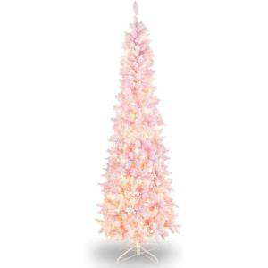 imageGoplus 7ft Pink PreLit Pencil Christmas Tree Snow Flocked Artificial Slim Tree with 800 Branch Tips 300 LED Lights 8 Lighting Modes LifeLike Hinged Xmas Tree for Indoor Home Office Holiday Decor
